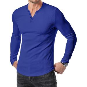 JMIERR Mens 2025 Fall Fashion Casual Henley Shirt Long Sleeve Slim Fitted Shirts Curved Hem for Athletic Gym Workout(D Blue 3)