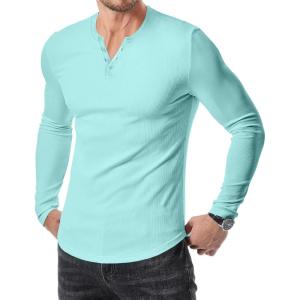 JMIERR Mens 2025 Fall Fashion Casual Henley Shirt Long Sleeve Slim Fitted Shirts Curved Hem for Athletic Gym Workout(D Blue 4)