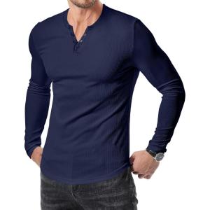 JMIERR Mens 2025 Fall Fashion Casual Henley Shirt Long Sleeve Slim Fitted Shirts Curved Hem for Athletic Gym Workout(D Blue)