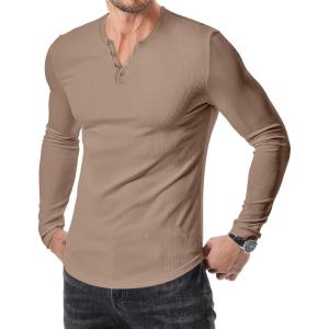 JMIERR Mens 2025 Fall Fashion Casual Henley Shirt Long Sleeve Slim Fitted Shirts Curved Hem for Athletic Gym Workout(D Brown)