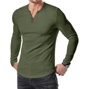 JMIERR Mens 2025 Fall Fashion Casual Henley Shirt Long Sleeve Slim Fitted Shirts Curved Hem for Athletic Gym Workout(D Green)