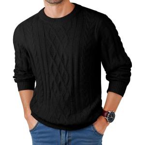 JMIERR Men’s Cable Knit Pullover Fisherman Sweaters Casual Long Sleeve Crewneck Knitted Chunky Sweater(Black)