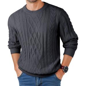 JMIERR Men’s Cable Knit Pullover Fisherman Sweaters Casual Long Sleeve Crewneck Knitted Chunky Sweater(Dark Grey)