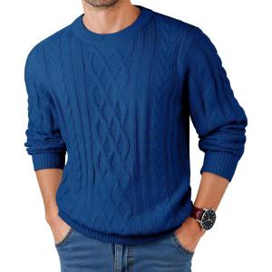 JMIERR Men’s Cable Knit Pullover Fisherman Sweaters Casual Long Sleeve Crewneck Knitted Chunky Sweater(Navy Blue)