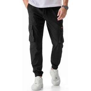 JMIERR Mens Cargo Pants Casual Lightweight Elastic Waist Drawstring Tapered Pant with Pockets(A Black)