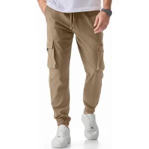 JMIERR Mens Cargo Pants Casual Lightweight Elastic Waist Drawstring Tapered Pant with Pockets(A Pale Khaki)