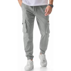 JMIERR Mens Cargo Pants Casual Lightweight Elastic Waist Drawstring Tapered Pant with Pockets(Light Grey)