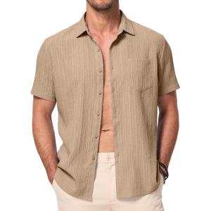 JMIERR Men’s Casual Button Down Shirt Short Sleeve Summer Beach Vacation Shirts Textured Shirts with Pocket(Khaki)
