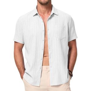 JMIERR Men’s Casual Button Down Shirt Short Sleeve Summer Beach Vacation Shirts Textured Shirts with Pocket(White)