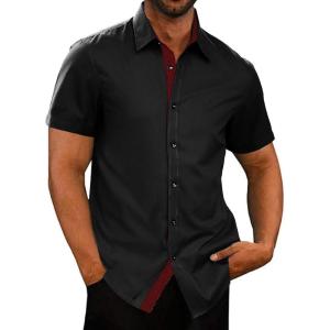 JMIERR Men’s Casual Button Down Shirts Wrinkle-Free Short Sleeve Business Dress Shirt(A Black2)