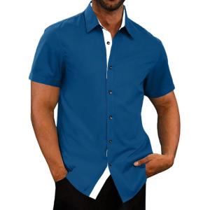 JMIERR Men’s Casual Button Down Shirts Wrinkle-Free Short Sleeve Business Dress Shirt(A Blue 2)