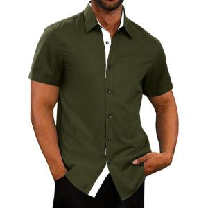 JMIERR Men’s Casual Button Down Shirts Wrinkle-Free Short Sleeve Business Dress Shirt(A1 Olive Green)