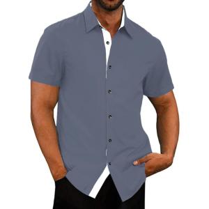 JMIERR Men’s Casual Button Down Shirts Wrinkle-Free Short Sleeve Business Dress Shirt(B Dark Grey)