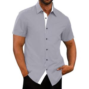 JMIERR Men’s Casual Button Down Shirts Wrinkle-Free Short Sleeve Business Dress Shirt(B Grey)