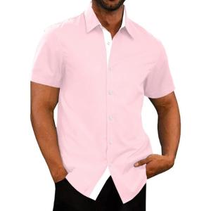 JMIERR Men’s Casual Button Down Shirts Wrinkle-Free Short Sleeve Business Dress Shirt(B Pink)