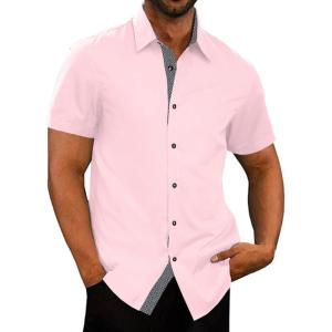 JMIERR Men’s Casual Button Down Shirts Wrinkle-Free Short Sleeve Business Dress Shirt(B Pink2)