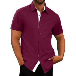 JMIERR Men’s Casual Button Down Shirts Wrinkle-Free Short Sleeve Business Dress Shirt(D Burgundy)