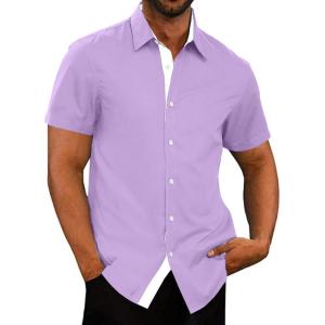 JMIERR Men’s Casual Button Down Shirts Wrinkle-Free Short Sleeve Business Dress Shirt(D Light Purple)