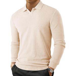 JMIERR Men’s Casual Buttonless Polo Shirt Long Sleeve V Neck Ribbed Knit Golf Shirts(A Beige White)