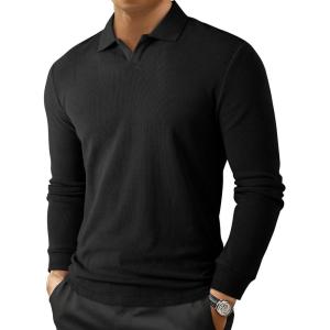 JMIERR Men’s Casual Buttonless Polo Shirt Long Sleeve V Neck Ribbed Knit Golf Shirts(A Black)