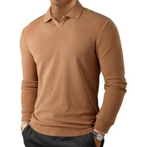 JMIERR Men’s Casual Buttonless Polo Shirt Long Sleeve V Neck Ribbed Knit Golf Shirts(A Camel)