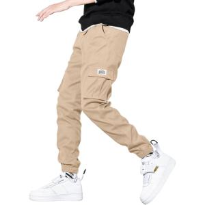JMIERR Mens Casual Cargo Pants Stretch Elastic Waist Drawstring Joggers Pants Tapered Sweatpants for Men Multi Pockets(Apricot)