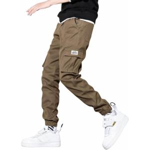 JMIERR Mens Casual Cargo Pants Stretch Elastic Waist Drawstring Joggers Pants Tapered Sweatpants for Men Multi Pockets(Brown)