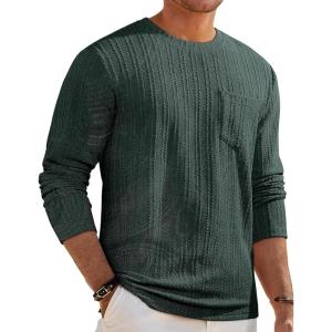JMIERR Mens Casual Long Sleeve Lightweight T-Shirt Slim Fit Knit Crew Neck Stretch Ribbed Undershirts for Men(12 Green)
