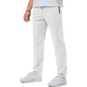 JMIERR Men’s Casual Pants Cotton Twill Drawstring Elastic Waist Chino Pants with Pockets(A White)