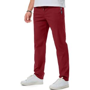 JMIERR Men’s Casual Pants Cotton Twill Drawstring Elastic Waist Chino Pants with Pockets(Red Dahlia)