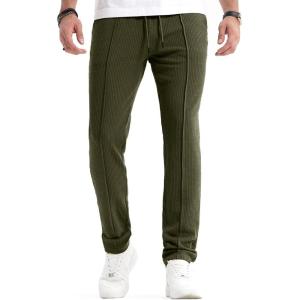 JMIERR Men’s Casual Pants Lightweight Stretch Ribbed Knit Textured Drawstring Slim Fit Tapered Pants with Pockets(Moss Green)