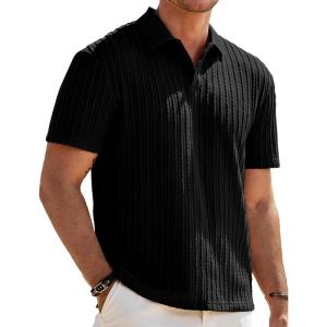 JMIERR Mens Casual Polo Shirt Summer Short Sleeve Vacation Button Beach Knit Stretchy Golf Shirts(A Black)