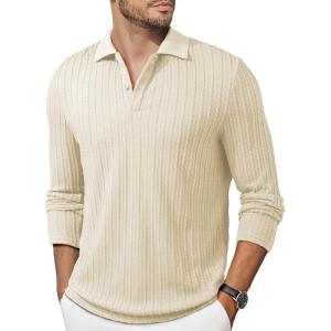 JMIERR Mens Casual Polo Shirt Summer Short Sleeve Vacation Button Beach Knit Stretchy Golf Shirts(Long Sleeve – Beige)