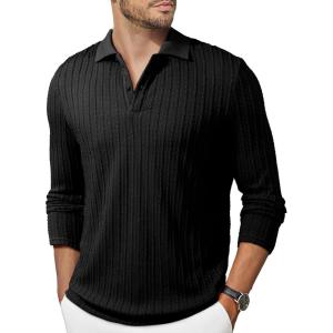 JMIERR Mens Casual Polo Shirt Summer Short Sleeve Vacation Button Beach Knit Stretchy Golf Shirts(Long Sleeve – Black)