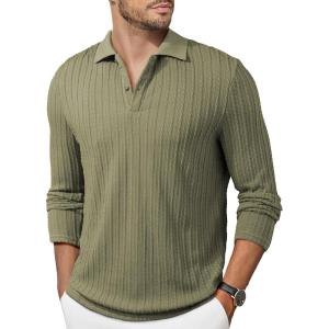 JMIERR Mens Casual Polo Shirt Summer Short Sleeve Vacation Button Beach Knit Stretchy Golf Shirts(Long Sleeve – Green)