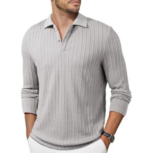 JMIERR Mens Casual Polo Shirt Summer Short Sleeve Vacation Button Beach Knit Stretchy Golf Shirts(Long Sleeve – Grey)