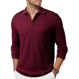 JMIERR Mens Casual Polo Shirt Summer Short Sleeve Vacation Button Beach Knit Stretchy Golf Shirts(Long Sleeve – Red)