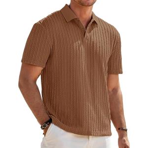 JMIERR Mens Casual Polo Shirt Summer Short Sleeve Vacation Button Beach Knit Stretchy Golf Shirts(P Brown)