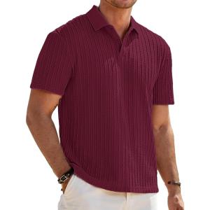 JMIERR Mens Casual Polo Shirt Summer Short Sleeve Vacation Button Beach Knit Stretchy Golf Shirts(P Red)