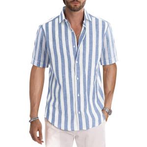 JMIERR Men’s Casual Stylish Short Sleeve Button-Up Striped Dress Shirts Cotton Beach Shirt(1 Sky Blue Stripe)