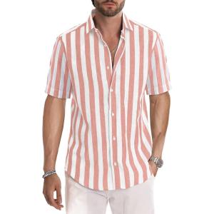 JMIERR Men’s Casual Stylish Short Sleeve Button-Up Striped Dress Shirts Cotton Beach Shirt(A1 Pink)