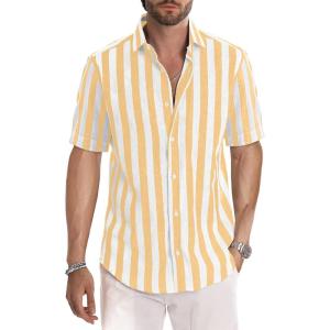 JMIERR Men’s Casual Stylish Short Sleeve Button-Up Striped Dress Shirts Cotton Beach Shirt(A1 Yellow)