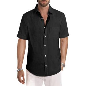 JMIERR Men’s Casual Stylish Short Sleeve Button-Up Striped Dress Shirts Cotton Beach Shirt(Black)