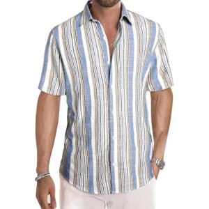 JMIERR Men’s Casual Stylish Short Sleeve Button-Up Striped Dress Shirts Cotton Beach Shirt(Blue Stripe)