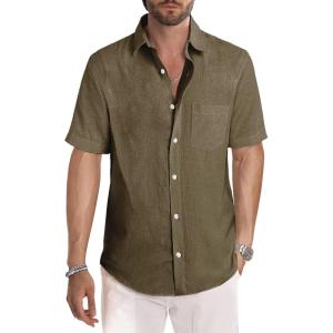 JMIERR Men’s Casual Stylish Short Sleeve Button-Up Striped Dress Shirts Cotton Beach Shirt(Brown)