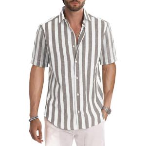 JMIERR Men’s Casual Stylish Short Sleeve Button-Up Striped Dress Shirts Cotton Beach Shirt(Brown Stripe)