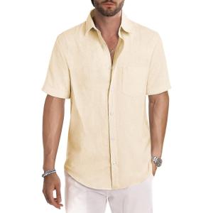 JMIERR Men’s Casual Stylish Short Sleeve Button-Up Striped Dress Shirts Cotton Beach Shirt(Khaki)