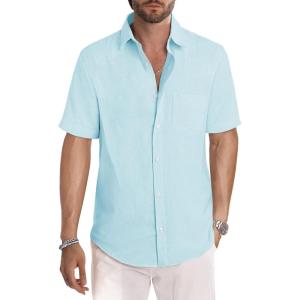JMIERR Men’s Casual Stylish Short Sleeve Button-Up Striped Dress Shirts Cotton Beach Shirt(Light Blue)
