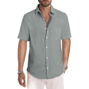 JMIERR Men’s Casual Stylish Short Sleeve Button-Up Striped Dress Shirts Cotton Beach Shirt(Light Grey)