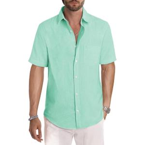 JMIERR Men’s Casual Stylish Short Sleeve Button-Up Striped Dress Shirts Cotton Beach Shirt(Mint Green)